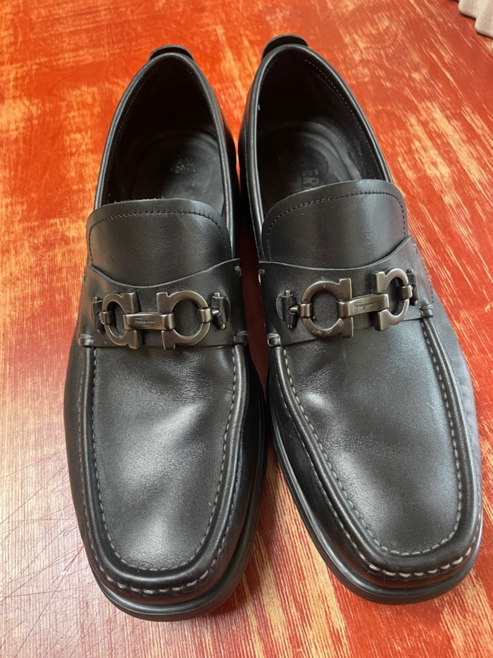 Men's Ferragamo Black Leather Bit Loafers Lug Sole 7.5